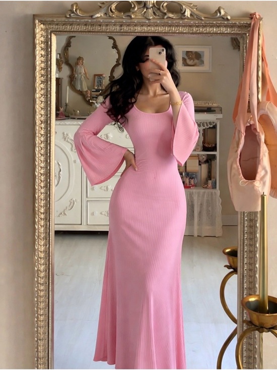 none Dresses & Skirts - Soft Pink Ribbed Maxi Dress with Flared Bell Sleeves